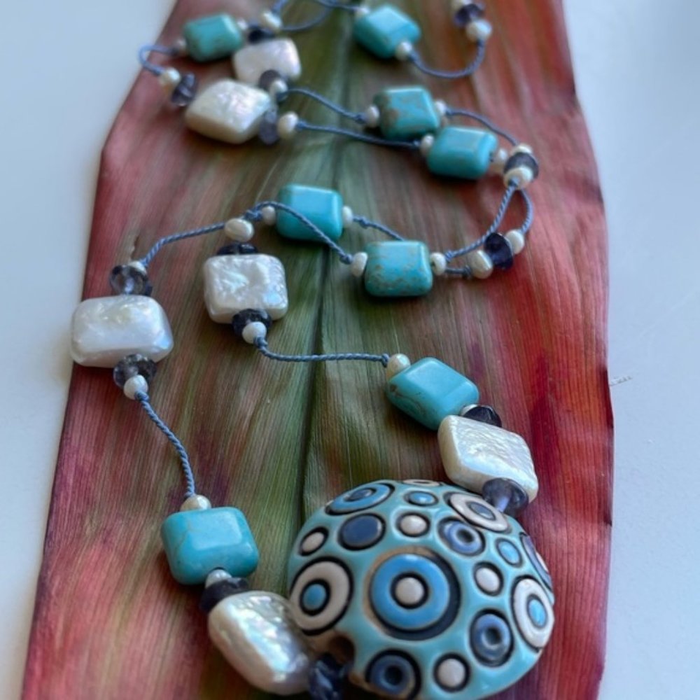 Ceramic Pearls Stone Beads Knitted Necklace 925 Stamped Clasp